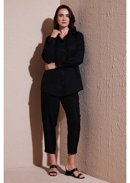 Keten Karışımlı Regular Fit Lastikli Bel Uzun Kollu Alt Üst Takım Bayan Takım 6696622