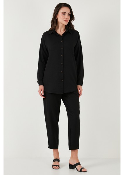 Keten Karışımlı Regular Fit Lastikli Bel Uzun Kollu Alt Üst Takım Bayan Takım 6696622 modelleri