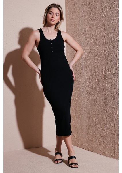 Slim Fit Yuvalak Yaka Düğmeli Midi Boy Elbise Bayan Elbise 25Y0375K1