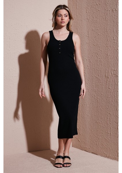 Slim Fit Yuvalak Yaka Düğmeli Midi Boy Elbise Bayan Elbise 25Y0375K1 modelleri