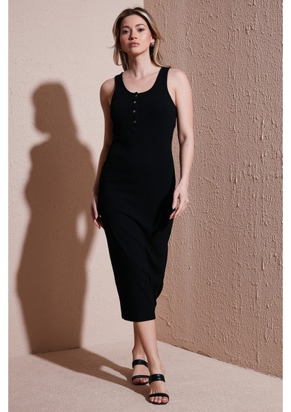 Slim Fit Yuvalak Yaka Düğmeli Midi Boy Elbise Bayan Elbise 25Y0375K1 fırsatları