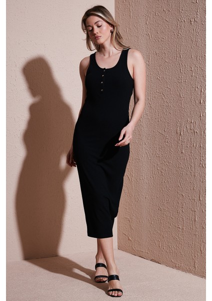 Slim Fit Yuvalak Yaka Düğmeli Midi Boy Elbise Bayan Elbise 25Y0375K1 indirimleri