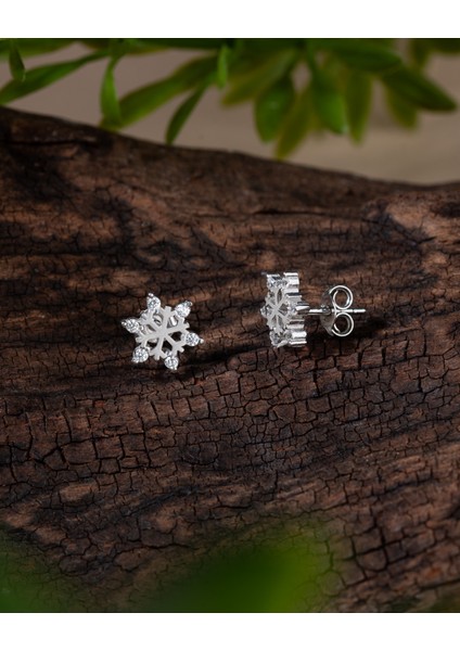 925 Ayar Rodyum Zirkon Taşlı Kar Tanesi Minimal Çivili Gümüş Küpe