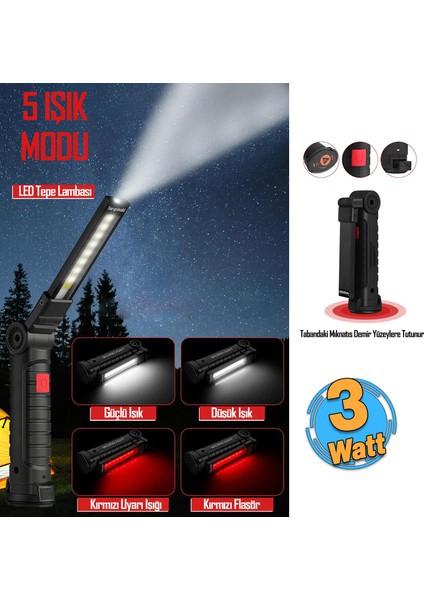Ledli El Feneri Lambası 5 Modlu Şarjlı Mıknatıslı Kamp Feneri Beyaz Kırmızı Sos Işık 360° Dönerli