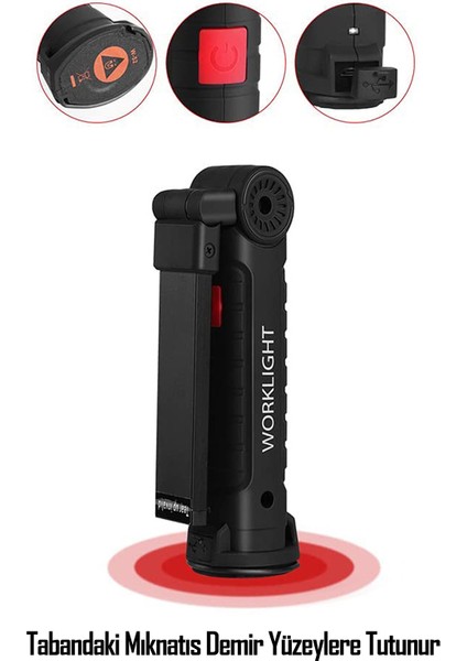 Ledli El Feneri Lambası 5 Modlu Şarjlı Mıknatıslı Kamp Feneri Beyaz Kırmızı Sos Işık 360° Dönerli