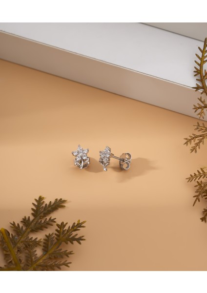 925 Ayar Rodyum Zirkon Taşlı Minimal Papatya Çivili Gümüş Küpe