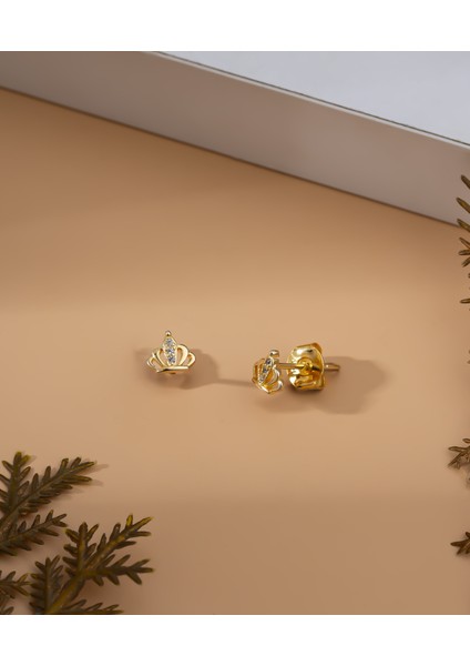 925 Ayar Gold Zirkon Taşlı Minimal Taç Çivili Gümüş Küpe