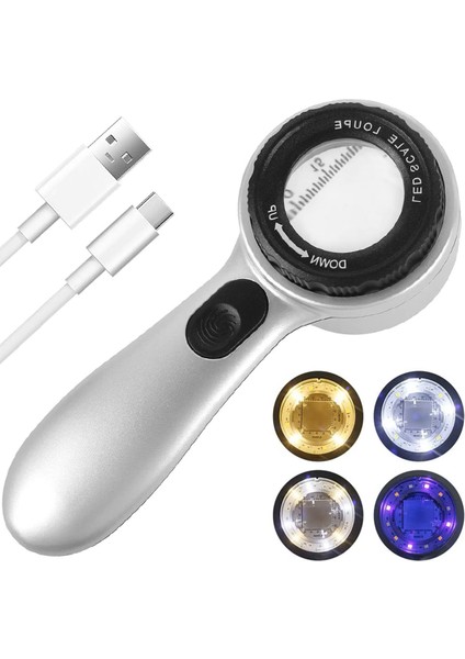 8690 Skalalı Işıklı Büyüteç 30X Şarj Edilebilir | 4 Renkli LED