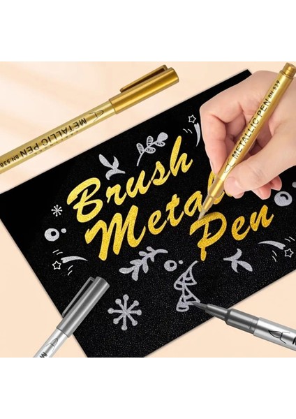 Altın-Gümüş Brush Metalik Marker Kaligrafi Kalemi, Cam Kalemi, Balon Yazı, Süsleme, Bardak Yazı-2 Ad