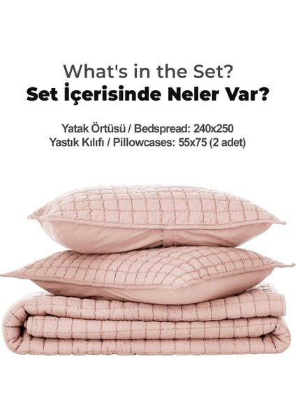 %100 Pamuk Çift Kişilik Yatak Örtüsü Seti Taş Yıkama 3 Parça Elyaf Dolgulu Yumuşak Joy Pudra
