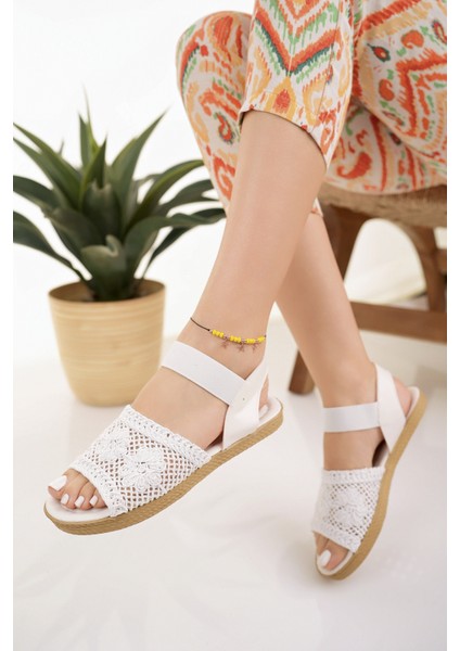 Kadın Hasır Sandalet Beyaz Örgü Dantel Triko Nakış Işlemeli Yeni Sezon Yazlık Ev Plaj Tatil Sandalet