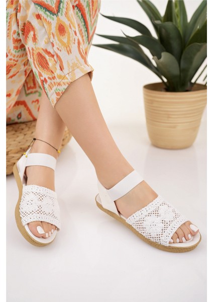 Kadın Hasır Sandalet Beyaz Örgü Dantel Triko Nakış Işlemeli Yeni Sezon Yazlık Ev Plaj Tatil Sandalet modelleri