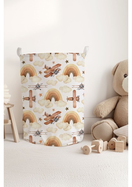 Kahverengi Uçak Desenli Çocuk ve Bebek Odası Düzenleyici Oyuncak Veya Kirli Sepeti TLAS-314