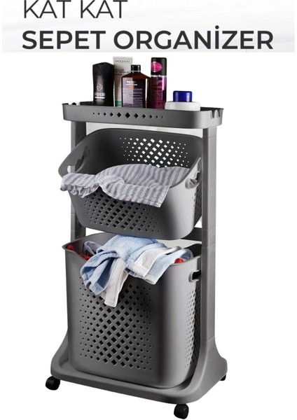Leon Life Tekerlekli Geniş Raf 3 Katlı Banyo Mutfak Rafı Çamaşır Sepeti Siyah