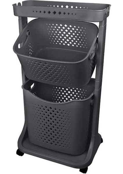 Leon Life Tekerlekli Geniş Raf 3 Katlı Banyo Mutfak Rafı Çamaşır Sepeti Siyah