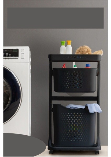 Leon Life Tekerlekli Geniş Raf 3 Katlı Banyo Mutfak Rafı Çamaşır Sepeti Siyah