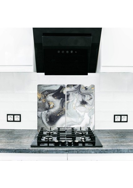 2' Li 40X52 cm Cam Ocak Koruyucu Gri Altın Mermer Desenli