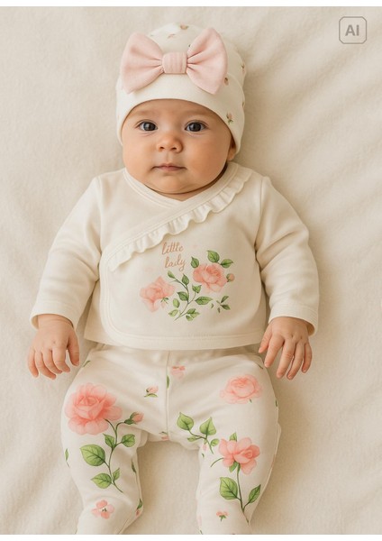 Organik Love Roses 5'li Hastane Çıkış Set Ekru