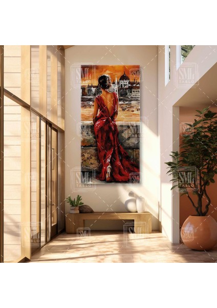 Deniz Kenarında Kırmızı Elbiseli Kadın Rıhtımdaki Elegant Kız 1970 Boyuna Dikey Kanvas Tablo