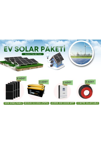 Güneş Enerji Paketi Lityum Akü 585W Panel 3kw Akıllı Inverter
