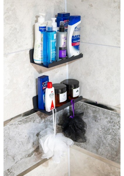 Menashop Yapışkanlı 2 Li Siyah Köşe Şampuan Tutucu, Banyo Düzenleyici, Mutfak ve Raf Düzenleyici