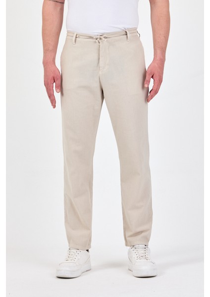 Theseason Erkek Taş Pamuklu Keten Görünümlü Beli Bağcıklı Relaxed Fit Yazlık Chino Pantolon