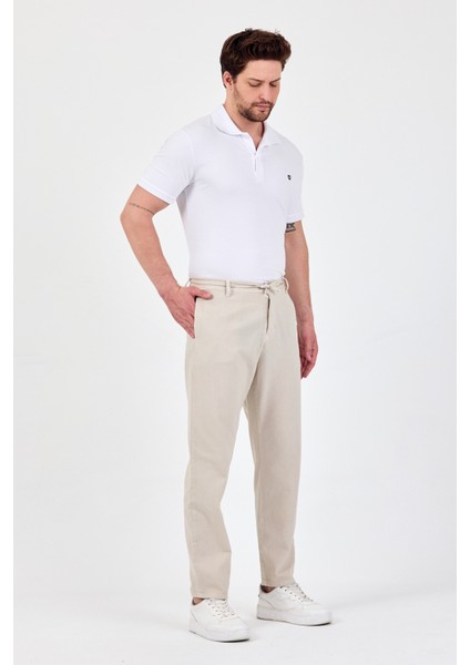 Theseason Erkek Taş Pamuklu Keten Görünümlü Beli Bağcıklı Relaxed Fit Yazlık Chino Pantolon modelleri