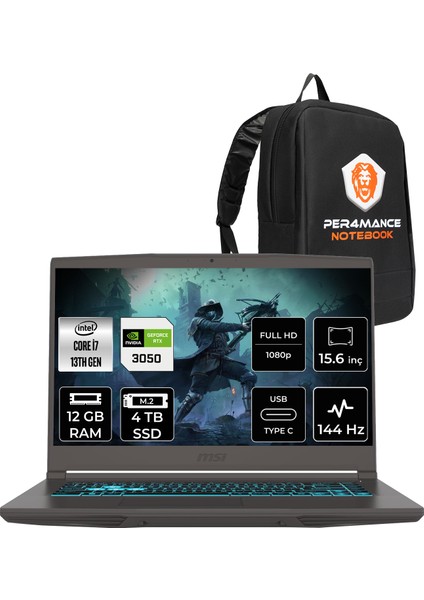 Msı Thin 15 Intel Core I7 13620H 12GB 4tb SSD RTX3050/4GB 15.6" Fhd 144Hz Freedos Taşınabilir Bilgisayar & Per4 Çanta B13UC3057XTRP310