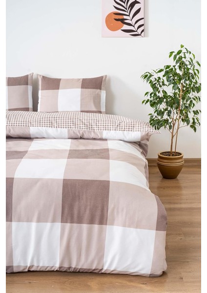 Menashop Kahve Kareli Çift Kişilik Nevresim Takımı Pamuklu