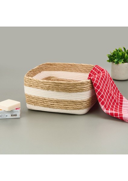 Boho Style Büyük Kağıt Ip Sepet - Bej / Beyaz - 28X28X14 cm