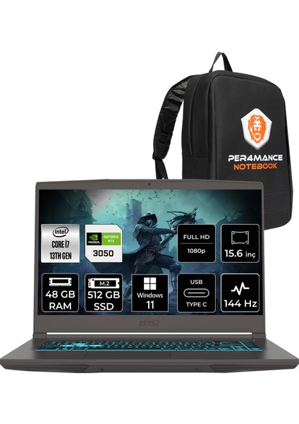 Msı Thin 15 Intel Core I7 13620H 48GB 512GB SSD RTX3050/4GB 15.6" Fhd 144Hz Windows 11 Pro Taşınabilir Bilgisayar & Per4 Çanta B13UC3057XTRP442