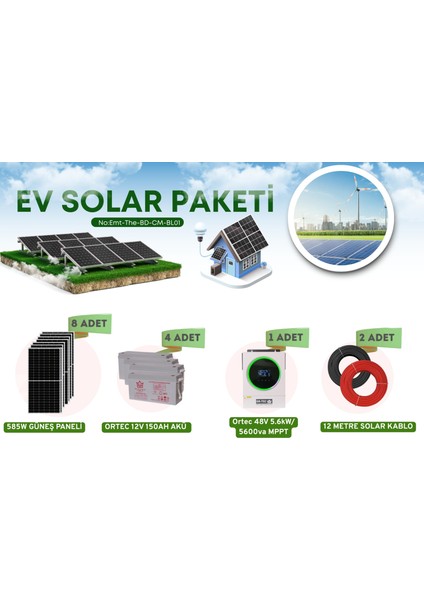 Villa Paketi Güneş Enerjili 8ADET 585W Panel 4ADET 150AH Jel Akü 5.6kw Akıllı Inverter