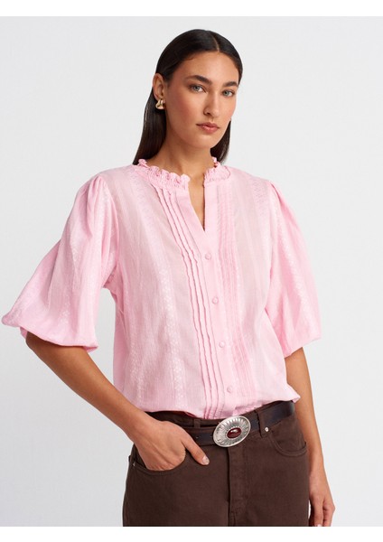 5807 Nervür Detaylı Balon Kol Gömlek-Açık Pembe
