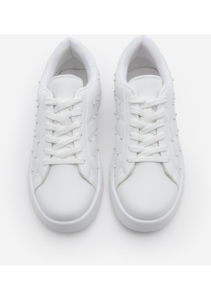 Kadın Sneaker İncili Kapitone Dikişli Spor Ayakkabı Sofez Beyaz