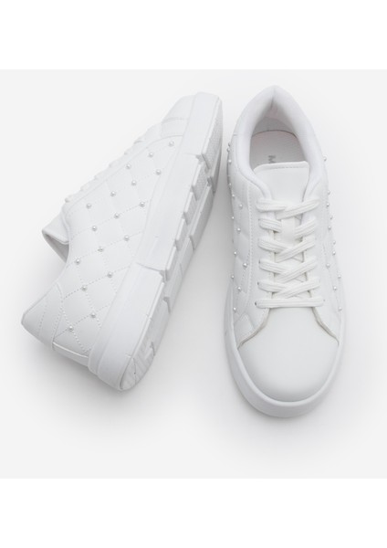 Kadın Sneaker İncili Kapitone Dikişli Spor Ayakkabı Sofez Beyaz