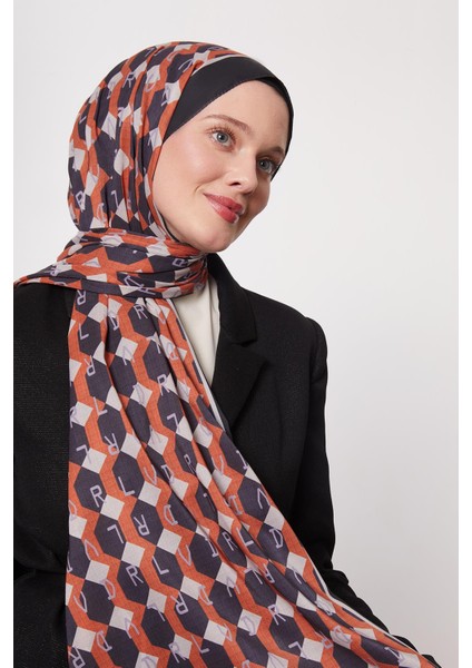 Siyah-Oranj Petek Desen Love Şal