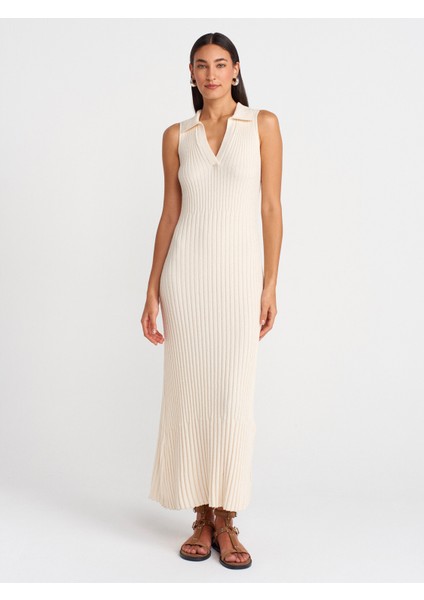 90249 V Polo Yaka Fitilli Triko Elbise-Ekru