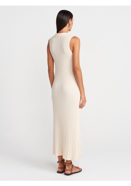 90249 V Polo Yaka Fitilli Triko Elbise-Ekru fiyatları