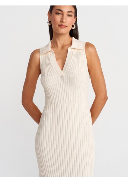 90249 V Polo Yaka Fitilli Triko Elbise-Ekru modelleri