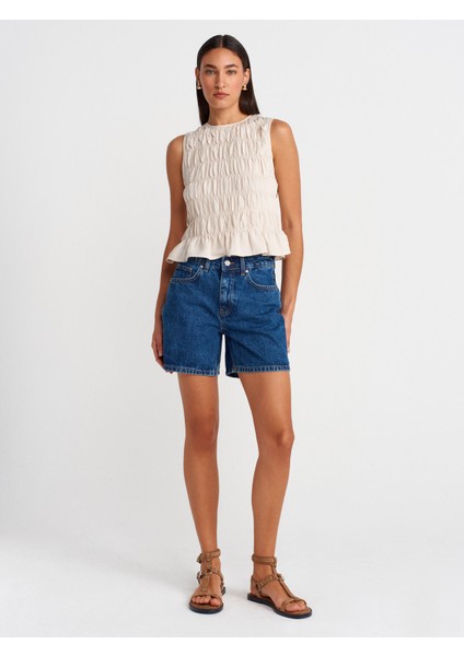 71996 Basic Orta Boy Denim Şort-Mavi