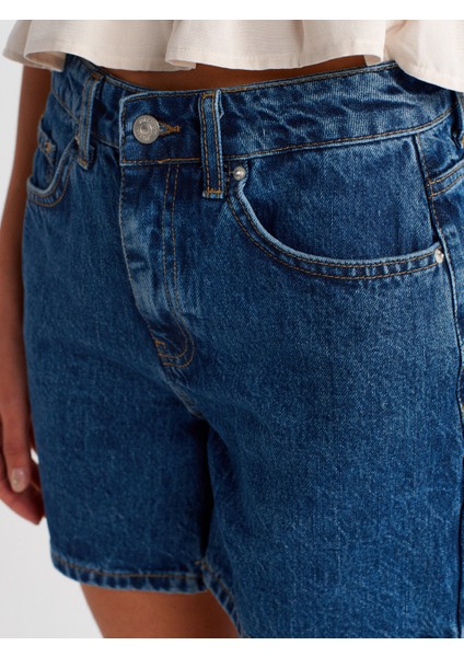 71996 Basic Orta Boy Denim Şort-Mavi