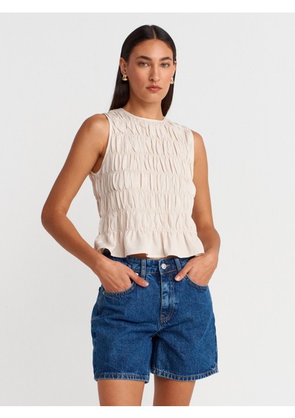50845 Kolsuz Crop Bluz-Açık Bej