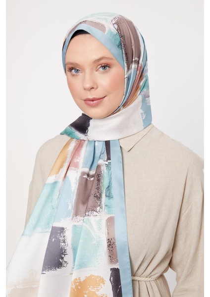 Mavi Kare Desen Twill Şal modelleri