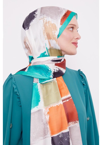 Yeşil Kare Desen Twill Şal