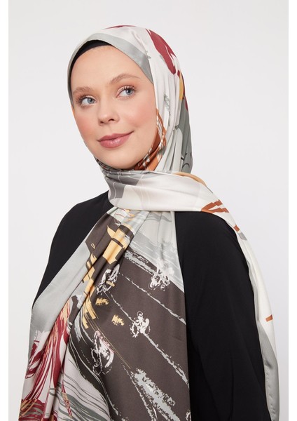Bej Çizim Desen Twill Şal