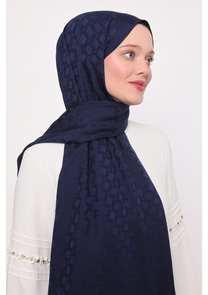 Lacivert Kare Geçişli Desen Blue Jakar Şal
