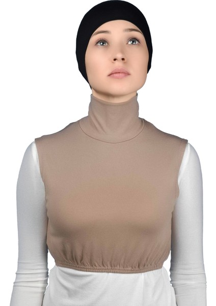 Sıfır Kol Balıkçı Yaka Tam Boğazlı Likralı Penye Kadın Yarım Body - Koyu Bej fiyatları