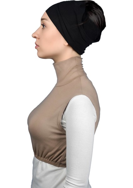Sıfır Kol Balıkçı Yaka Tam Boğazlı Likralı Penye Kadın Yarım Body - Koyu Bej modelleri