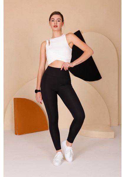 Kadın Siyah Yüksel Bel Slim Fit Tayt - 3060