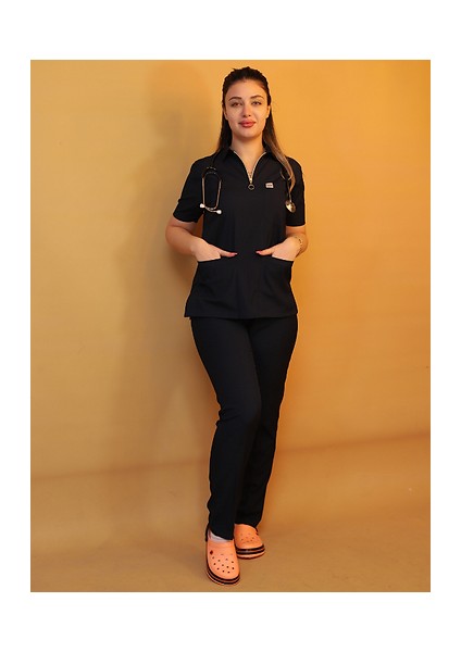 Fermuarlı Siyah Polo Yaka Hemşire Ve Doktor üniforması Scrubs Takım
